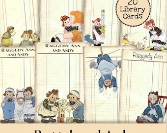 Raggedy Ann and Andy Library Cards Printable Vintage Storybook Ephemera  Junk Journal Cards Retro Kids Children Digital Collage Sheet 300R