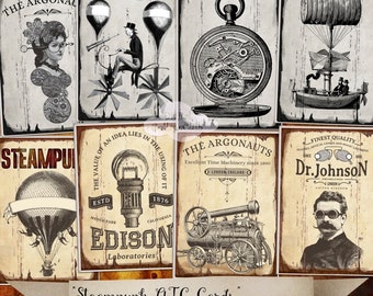 Imágenes de tarjetas ATC digitales vintage retro steampunk para álbumes de recortes, soportes para joyas, creación de tarjetas, decoupage y diarios.