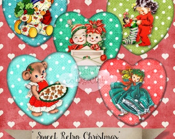 Imágenes digitales de corazones navideños vintage retro para etiquetas, álbumes de recortes, diarios, tarjetas y decoración navideña.