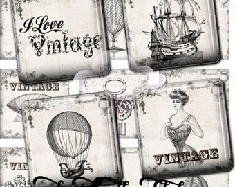 Vintage Love Steampunk Black and White 1 x 1 inch Digital Collage Sheet Square Images for Jewelry Making Scrabble Tiles Pendants Happy Mail