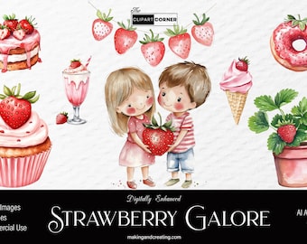 Conjunto de clipart fofo de morango em aquarela com 8 gráficos PNG, fundo transparente, imagens digitais para adesivos, convites e scrapbooking