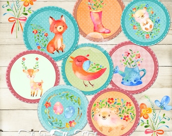 Spring is in the Air 2,5 Inch Digital Collage Sheet  Round Circle Images for Jewelry Making Scrapbooking Cupcake Topper Pocket Mirror