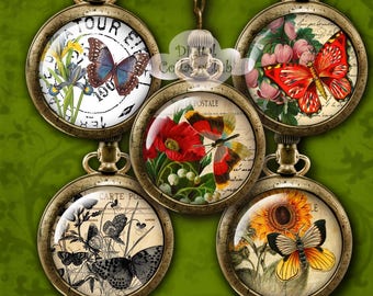 12 mm, 20mm, 30 mm, 1 inch, 2 inches Vintage Butterfly Bottle Cap Images Digital Collage Sheets Round Circles Download Journaling Scrapbook