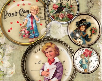 Vintage Victorian Valentine 1 Inch Digital Collage Sheet Images for Bottlecaps Jewelry Making Round Circles for Pendants Scrapbooking Penpal