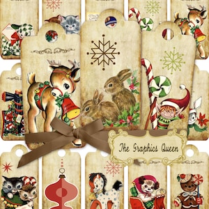 Étiquettes de Noël vintage cadeau feuille de collage numérique, étiquettes, graphismes imprimables enfants rétro, TÉLÉCHARGEMENT journalisation fabrication de cartes scrapbooking Correspondance
