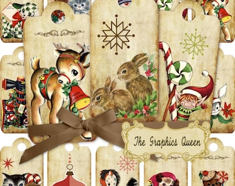 Vintage Christmas Tags Gift Digital Collage Sheet, Labels, Retro Kids Printable Graphics, DOWNLOAD Journaling Cardmaking Scrapbooking Penpal