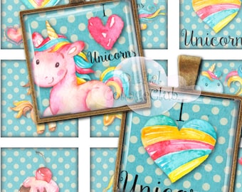 Unicorn 1" x 1" Digital Collage Sheet 1 Inch Square Tile Images for Jewelry Making, Pendants, Scrapbooking, Decoupage, Cardmaking Journaling