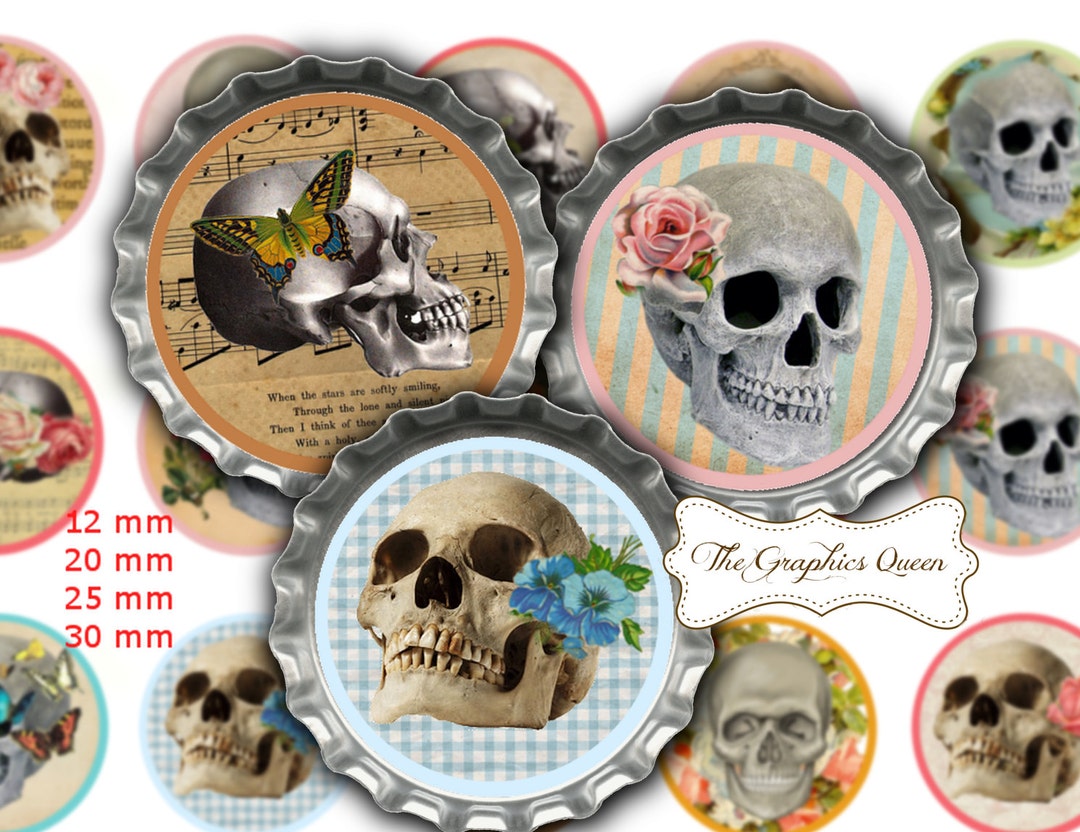 12 Mm, 20mm, 30 Mm, 1 Inch Skull Digital Collage Sheet Bottle Cap ...