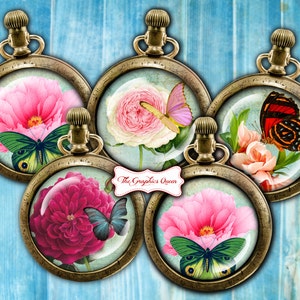 Flores e borboletas download instantâneo de imagens redondas para coberturas de cupcake, espelhos de bolso, ímãs, folhas de colagem digital, cartões de registro no diário