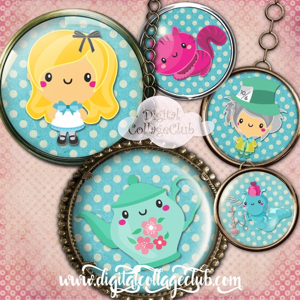 Kawaii Alice in Wonderland 2.5 inches, 30 mm, 1 inch, 25 mm, 20 mm Digital Round Images for Jewelry Making Cupcake Toppers Collage Sheet