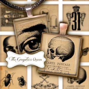 Vintage Halloween Steampunk 1x1 Digital Collage Sheet Tile Goth Images Tile Pendants Scrabble Jewelry Supplies Square Necklace Journal Cards