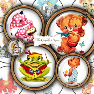 12 mm, 20mm, 25 mm, 30 mm, 1 inch Cute Animals Digital Images for Bottle Caps 1&quot; Button Circles  Printable Journaling Scrapbooking Supplies
