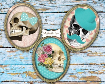 Vintage Shabby Chic Digital Sugar Skull Images 30 x 40 mm Ovals Craft Supplies Printable images for glass, pendants, magnets Journaling ATC