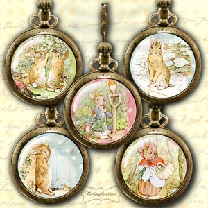 May include: Five antique-style pocket watch pendants with images of Peter Rabbit characters. The pendants feature a brown rabbit with a blue jacket, a brown rabbit with a red jacket, a brown rabbit with a red hood, two brown rabbits, and a brown rabbit standing on a path.