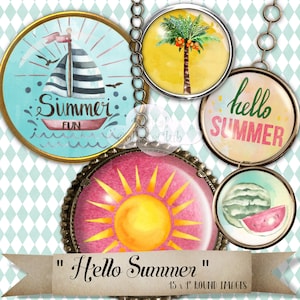 Hello Summer Round Circle Digital Images 1 inch Circles Bottle Cap Bottlecap Art Print Scrapbooking Card Journalling Paper Craft