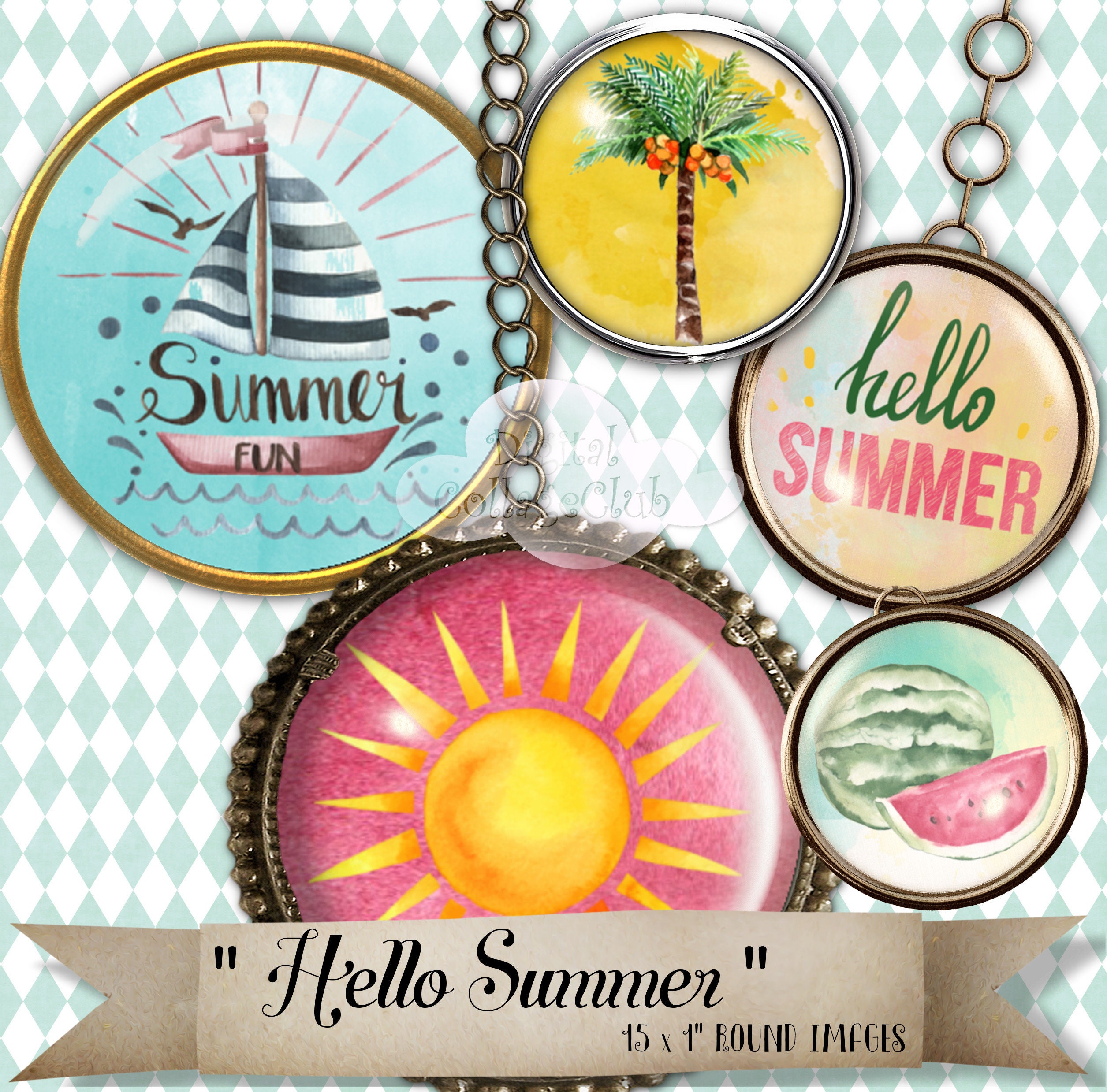 Hello Summer Round Circle Digital Images 1 Inch Circles Bottle - Etsy
