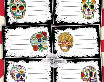 Zuckerschädel-Collage-Bogen, Sofort-Download, digitale Karten, Postkarten, Partyeinladungen, Dia de los Muertos, Halloween-Journaling-Zubehör