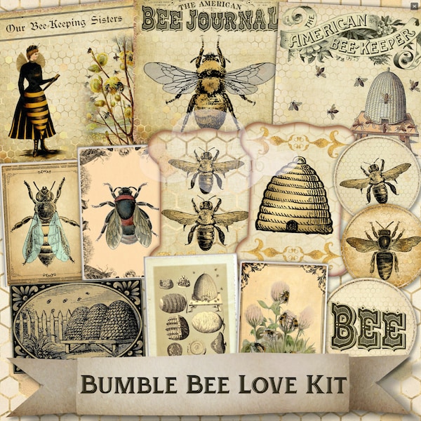 Bumble Bee Love Kit  Digital Postcards Vintage Nature Images for Scrapbooking Cardmaking Decoupage Ephemera Paper Crafts Journaling Tags ATC