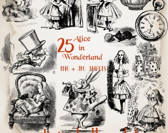 Vintage Alice in Wonderland Mad Hatter White Rabbit Clip Art ClipArt Digital Images for Scrapbooking Card Making Journaling Decoupage