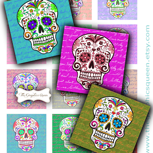 May include: A digital paper pack featuring 12 colourful sugar skull designs. Each skull is adorned with flowers and intricate patterns. The background is a vintage-style paper with handwritten text.
