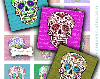 INSTANT DOWNLOAD- Sugar Skull Tiles Sugar Skull Jewelry Art Skull Digital Necklace Supplies Scrabble Tile size 1" Square Snail Happy Mail