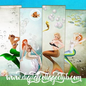 Pin Up Girl Mermaid Sea Life Digital Collage Sheet Images for Bookmarks, Tags, Cardmaking, Scrapbooking, Decoupage, Journaling