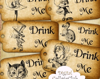 Alicja w Krainie Czarów, Wypij Mnie Duże Tagi, Cyfrowe Przyjęcie Herbaciane, Szalony Kapelusznik, Cytat Alicji, Dekoracje Ślubne, Scrapbooking, Dziennik ATC, Korespondencja