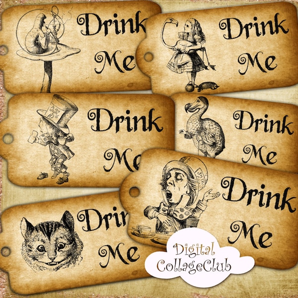 Alice in Wonderland Drink Me Large Tags Digital Tea Party Time Mad Hatter Alice Quote Wedding Decorations Scrapbooking Journaling ATC Penpal