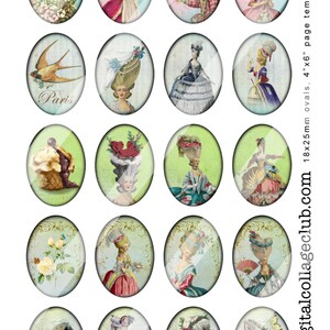 May include: Set of 18 oval digital collage scrapbook paper embellishments featuring vintage illustrations of women in elaborate hairstyles and clothing, birds, flowers, and a Parisian scene. The embellishments are 1.8 x 2.5 inches.