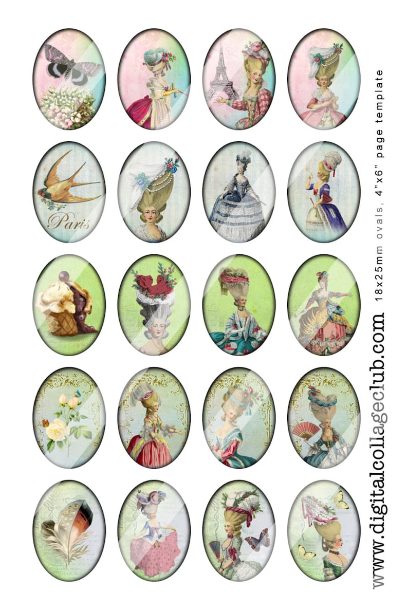 May include: Set of 18 oval digital collage scrapbook paper embellishments featuring vintage illustrations of women in elaborate hairstyles and clothing, birds, flowers, and a Parisian scene. The embellishments are 1.8 x 2.5 inches.