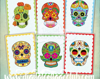 Sugar Skull Dia de los Muertos Digital ATC Greeting Cards Jewelry Holder Collage Sheet Instant Download Halloween Decorations