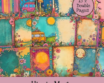 Hippie Magie Junk Journal Seiten psychedelische Blumen Kit Boho Camper Van Urlaub Reisen digitaler Download Flower Power Mixed-Media Seiten