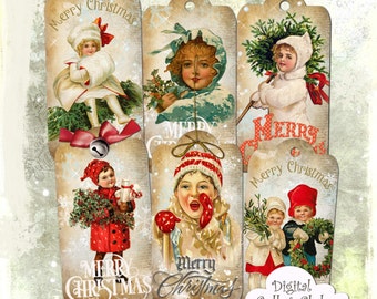 Vintage Victorian Christmas Children Tags Bookmarks Digital Collage Greeting Hang Party Tags Digital Bookmarks Scrapbooking Journal Supplies