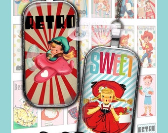 Retro Vintage Children Domino Rectangle Images 1 x 2 Digital Collage Sheet Images for Pendants Instant Download Scrapbooking Jewelry Making