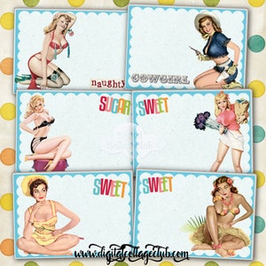 Folha de colagem digital vintage retrô Pin Up Girls Imagens para cartões postais, confecção de cartões, cartões comemorativos, registro no diário, decoupage, artesanato em papel ATC