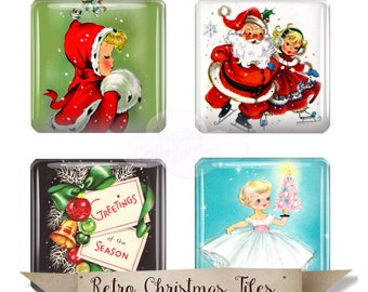 Retro Vintage Christmas  1 x 1 inch Digital Collage Sheet Square Images for Jewellery Jewelry Making Cardmaking Scrapbooking Journaling