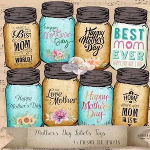 Mother&#39; s Day Digital Mason Jar Labels Tags Gift Cards Scrapbooking Cardmaking Journaling Decoupage Paper Craft Collage
