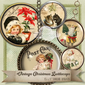 Vintage Christmas Postcards Round Circle Digital Images 1 inch Circles Bottle Cap Bottlecap Art Print Scrapbooking Card Journalling