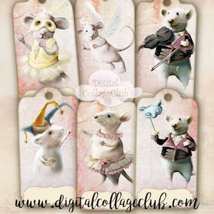 Whimsical Mouse Digital Collage Sheet Large Gift Hang Favor Party Tags Bookmark Label Scrapbooking Decoupage Journaling Cards ATC Ephemera