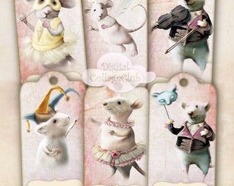Whimsical Mouse Digital Collage Sheet Large Gift Hang Favor Party Tags Bookmark Label Scrapbooking Decoupage Journaling Cards ATC Ephemera