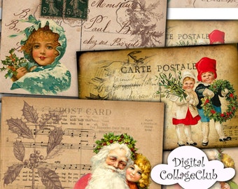 Postales navideñas victorianas vintage, tarjetas digitales para papá, imprimibles, descargables, hoja de collage, diario, scrapbooking, creación de tarjetas, efímeros ATC