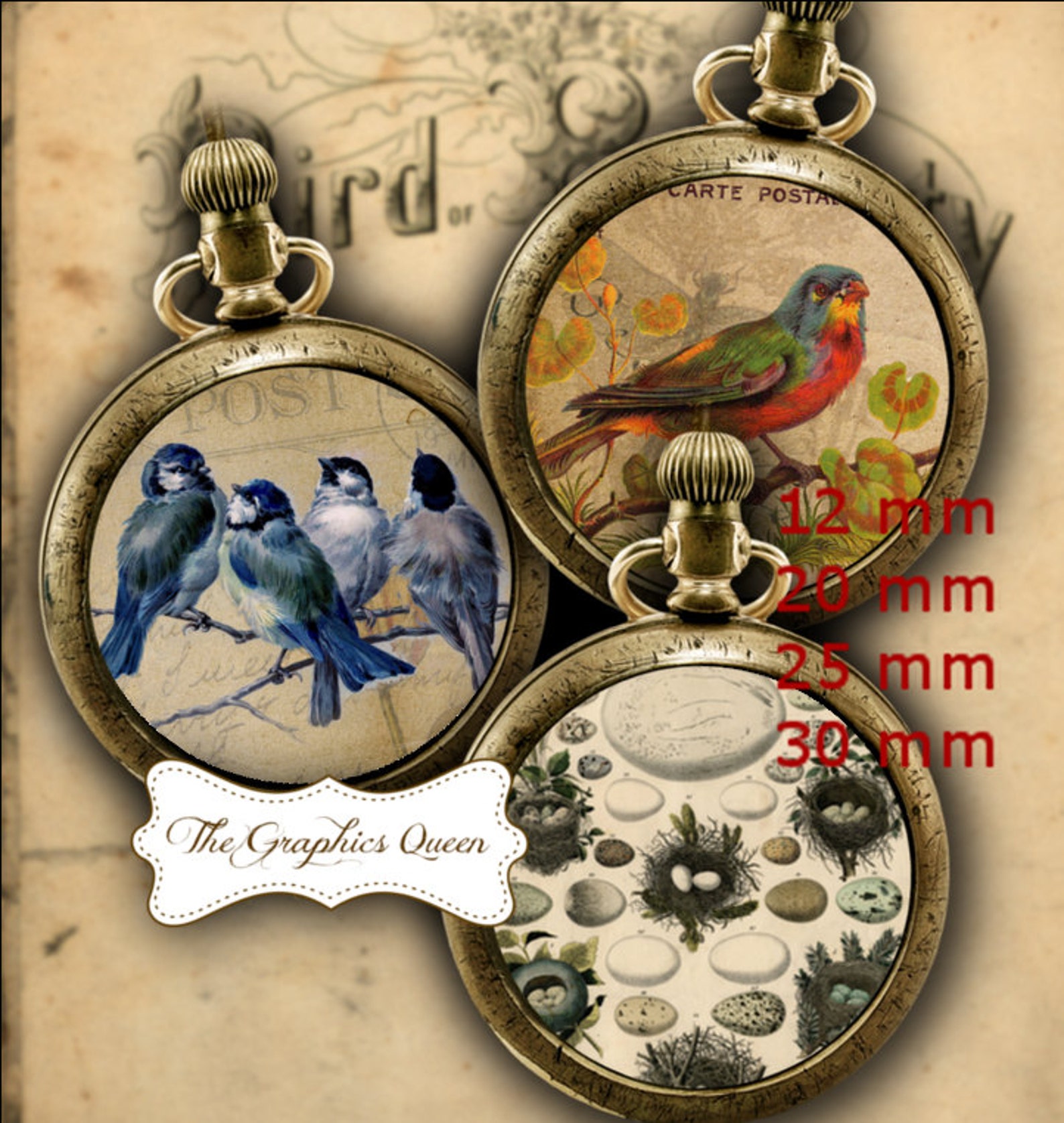12 Mm and 25 Mm, 1 Inch Vintage Birds Digital Collage Sheet Instant ...