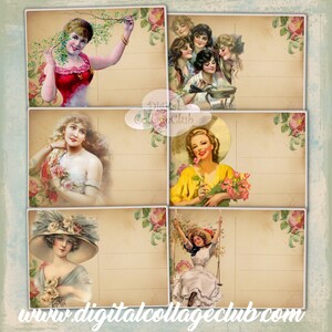 Shabby Chic Vintage Damen Frauen Postkarten Etiketten Digital Collage Sheet Scrapbooking Journaling Postkarte Kartenherstellung Decoupage Papierhandwerk