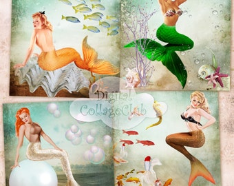 Vintage Mermaids Digital Collage Sheet Large Images for Coasters, Greeting Cards, Digital Background, Card Making, Decoupage Scrapbooking