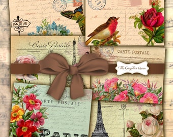 Vintage Paris Cards Digital Collage Sheet Printable Download Eiffel Tower Flowers Shabby Chic Postcards CArdmaking Journaling Scrapbooking