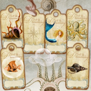 Decoración náutica Conchas de mar Imágenes digitales Pequeñas etiquetas de regalo colgantes Etiquetas Hoja de collage Adorno de fiesta de verano Scrapbooking PAper Crafts ATC