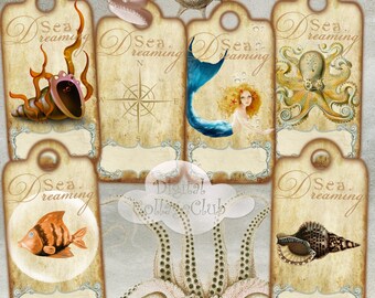 Decoración náutica Conchas de mar Imágenes digitales Pequeñas etiquetas de regalo colgantes Etiquetas Hoja de collage Adorno de fiesta de verano Scrapbooking PAper Crafts ATC