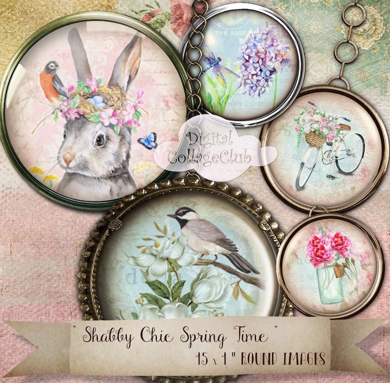 Shabby Chic Spring Time Easter Images 1 inch Circles Bottle Cap Bottlecap Images for Scrapbooking Card Making Jewellery Decoupage