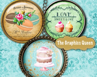 French Desserts 2.5 Inches Round Circles Digital Images for Pocket Mirror, Pocket Watch Cupcake Toppers Digital Tags Journaling Scrapbooking