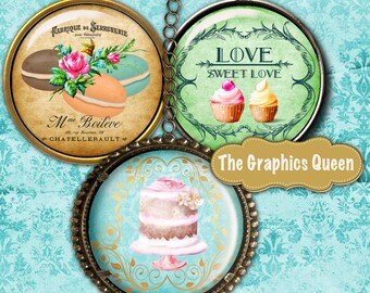 Postres franceses, imágenes digitales de círculos redondos de 6,35 cm para espejos de bolsillo, adornos para cupcakes con forma de reloj de bolsillo, etiquetas digitales para diarios y álbumes de recortes.